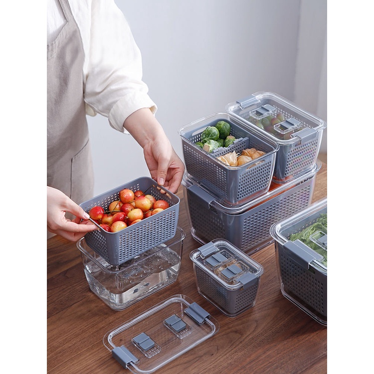 知泊商城 霜山日式瀝水保鮮盒塑膠洗水果洗菜瀝水籃廚房冰箱密封蔬果收納盒