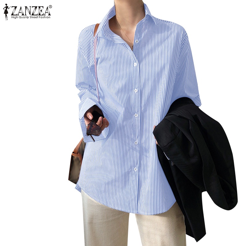 Zanzea 女式時尚全袖條紋印花休閒襯衫