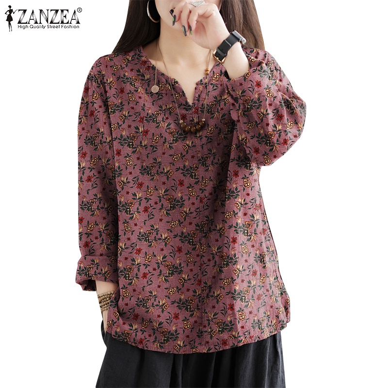 Zanzea 女式韓版日常休閒印花長袖寬鬆 V 領襯衫