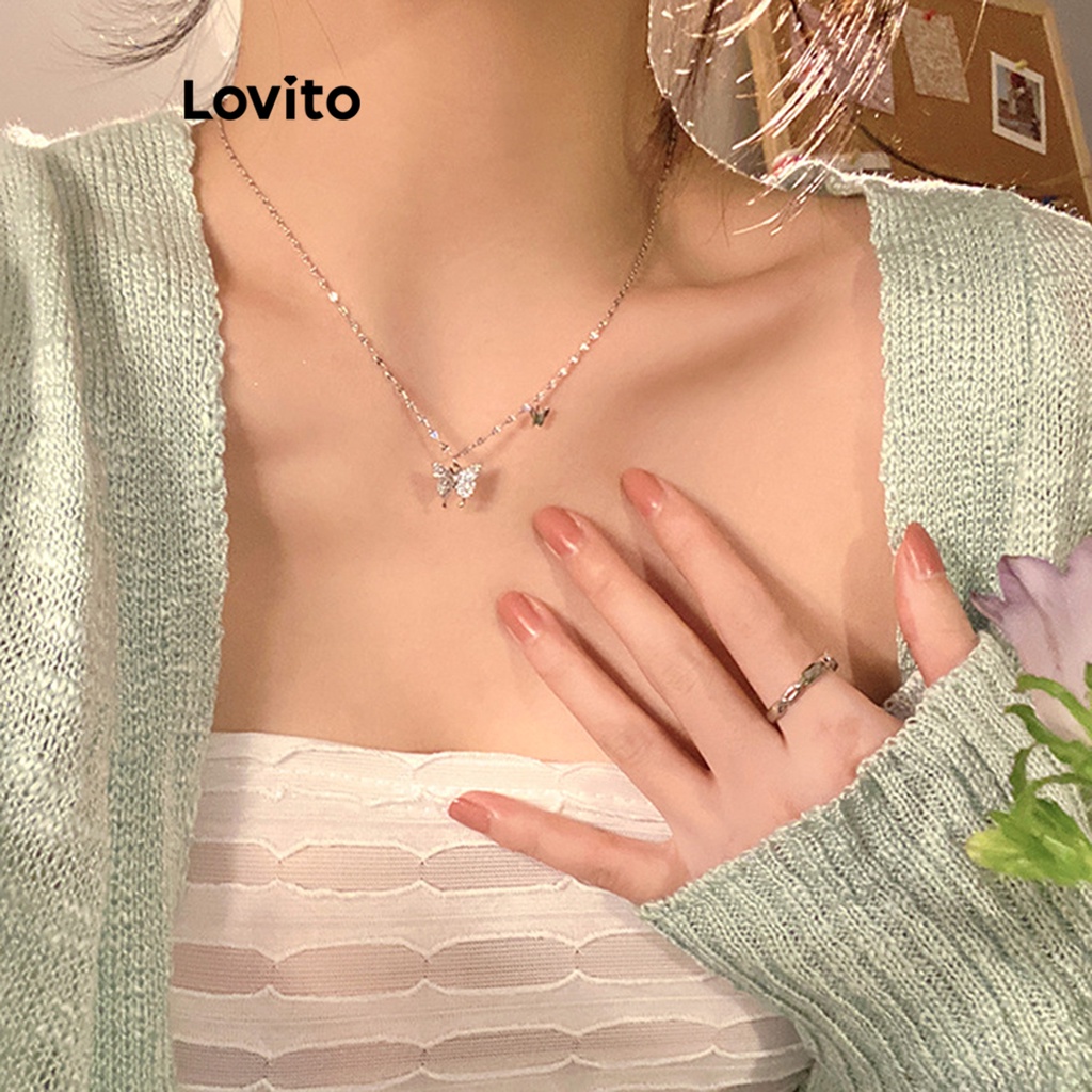 Lovito 女用休閒蝴蝶水鑽項鍊LFA10374