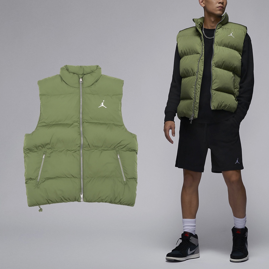 Nike 背心 Jordan Essentials 男款 綠 立領 保暖 拉鍊口袋 喬丹【ACS】 FB7308-340