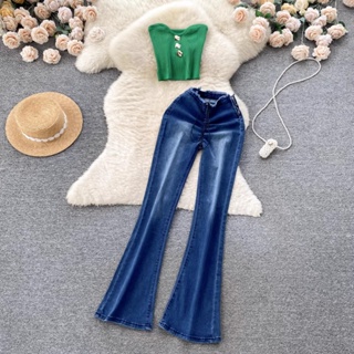 女式韓版時尚復古性感修身針織套裝夏季文胸鈕扣上衣+牛仔高腰喇叭褲兩件套