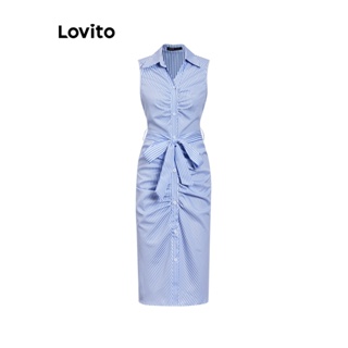 Lovito 女款休閒條紋褶飾束帶洋裝 LBL07073