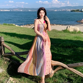吊帶洋裝 波西米亞民族風長裙 旅遊海邊度假長裙子