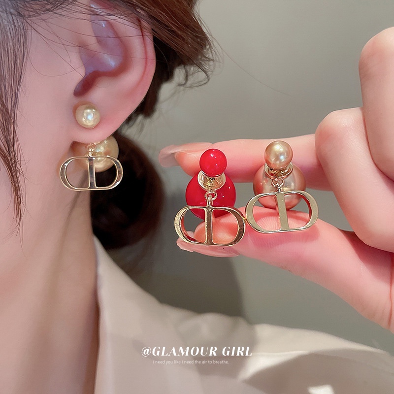 豬鼻珍珠耳環 新年紅色耳環 復古尚輕奢高級感雙面戴耳環 氣質耳飾