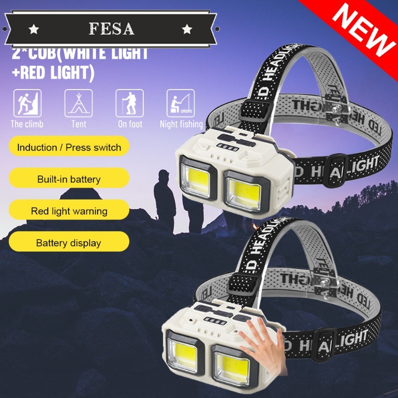 Asafee 816/816S COB 頭燈,手動感應,大功率,300LM,帶內置電池,可充電,適用於露營、釣魚、跑步。