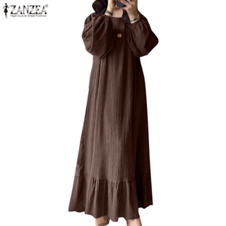 Zanzea 女士穆斯林燈籠袖開叉後領可拆卸腰帶褶襉分層連衣裙