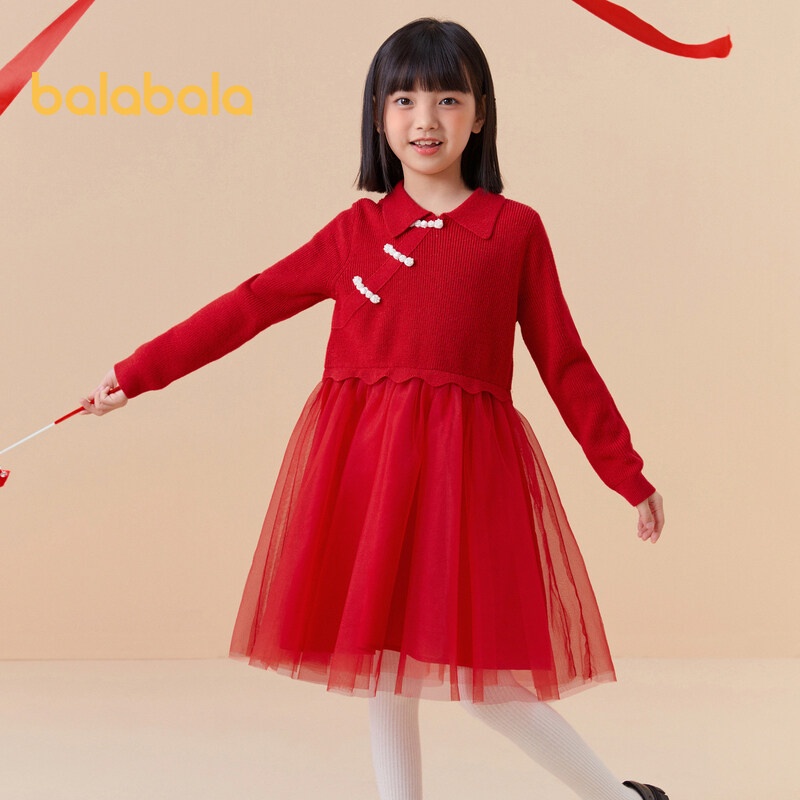 Balabalagirl紅色連衣裙兒童連衣裙2024春新年民族風套頭網紗連衣裙