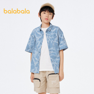 Balabala兒童男童襯衫短袖襯衫夏季兒童薄款港風時尚落肩牛仔上衣