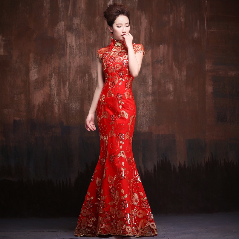 新款女式紅色婚禮旗袍魚尾裙旗袍金色刺繡傳統長款晚禮服派對錶演服裝
