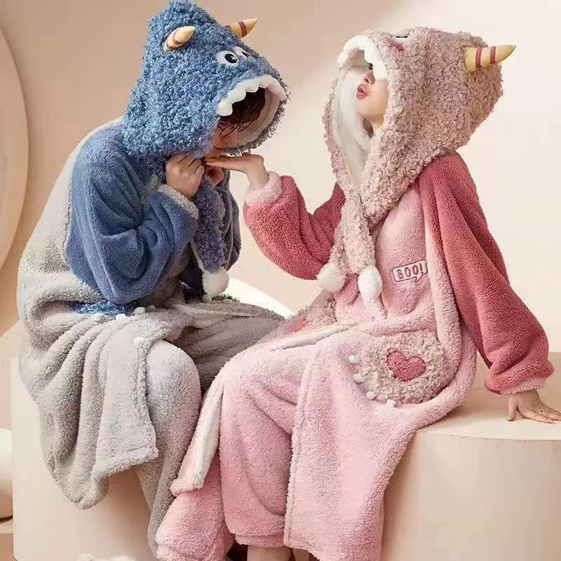 AI BEN 情侶睡衣 男女可穿卡通浴袍卡通睡衣女冬季珊瑚絨睡袍 刷毛加厚 卡通可愛 史迪奇家居服套裝