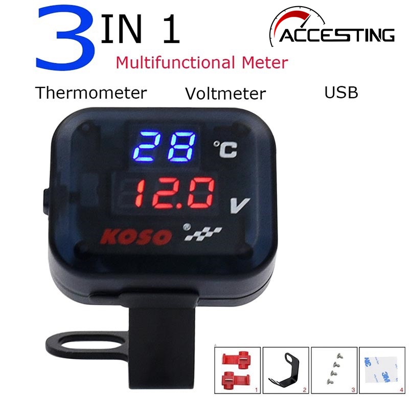 3 合 1 Koso 摩托車溫度計 LED 電壓表,帶 USB 端口,適用於 Moto 溫度計