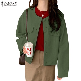 Zanzea 女式韓版時尚大口袋圓領寬鬆休閒夾克