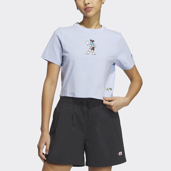 Adidas GFX Tee HY2819 女 短袖 短版 上衣 T恤 亞洲版 膠印 休閒 棉質 舒適 寶寶藍