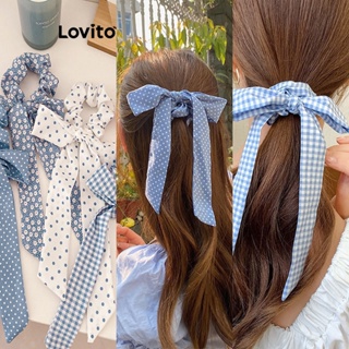 Lovito 優雅點點蝴蝶結褶邊緞帶大腸髮帶棋盤碎花法式藍色配色女髮帶 LFA09212