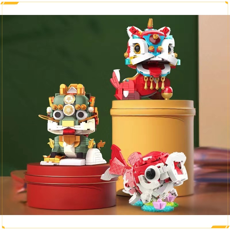 積木國潮 神獸麒麟中國錦鯉舞獅醒獅擺件模型 生日玩具禮物 兒童玩具