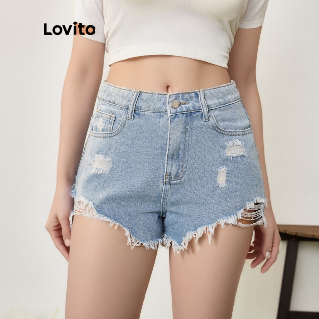 Lovito 女款休閒素色毛邊破洞牛仔短褲 LBA05018 (藍色)