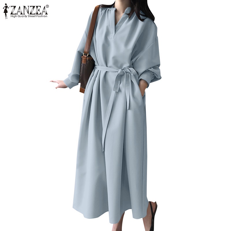 Zanzea 女式韓版休閒 V 領寬鬆口袋露肩連衣裙