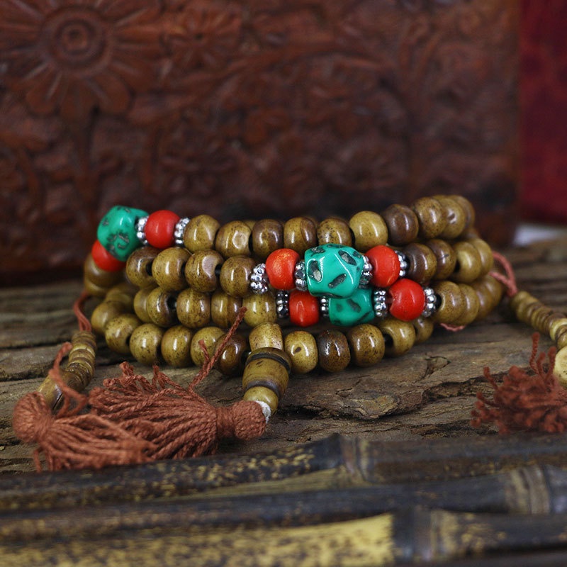 尼泊爾珠藏族飾品牛骨珠108顆念珠民族風項煉毛衣鏈長煉