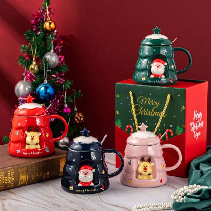 500ml卡通創意聖誕老人陶瓷杯帶麋鹿勺雪頂蓋馬克杯大容量聖誕禮物水杯