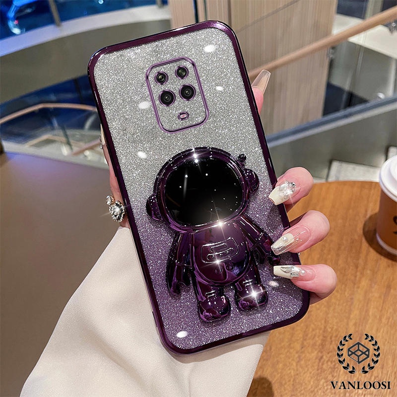 外殼 Redmi note 9 Pro note 9s 電鍍矽膠軟殼閃粉手機殼帶 3D 宇航員支架防摔