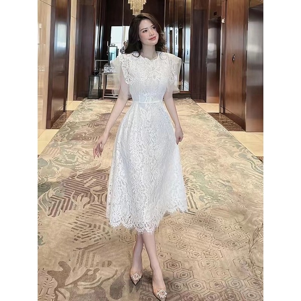 越南設計師2024年新款圓領高腰顯瘦白色蕾絲氣質洋裝伴娘裙1609