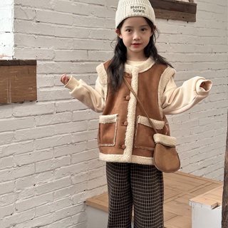 90-150 韓版童裝兒童馬甲女童皮毛一件式複合保暖百搭加厚無袖背心中兒童洋氣刷毛保暖外穿馬甲外套