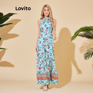Lovito 女式波西米亞熱帶荷葉邊連身褲 LBL06016 (藍色)