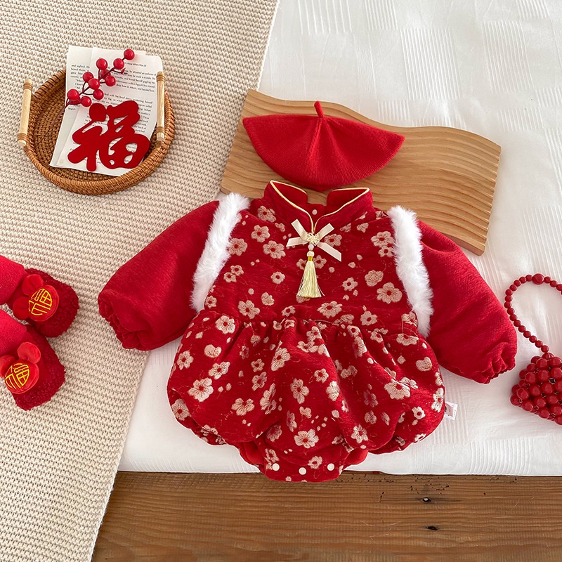 【新年禮服】嬰兒衣服冬裝拜年服寶寶連身衣中國風禮服加棉包屁衣