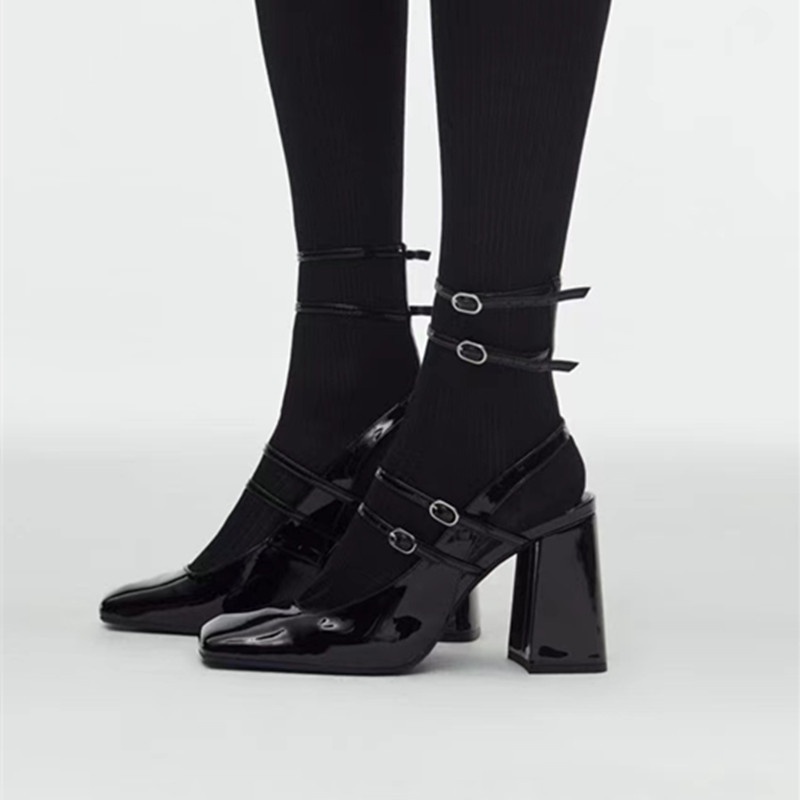 2024 新款 Zara 瑪麗珍高跟鞋 黑色踝帶漆皮厚跟包頭涼鞋 方頭 單鞋 女