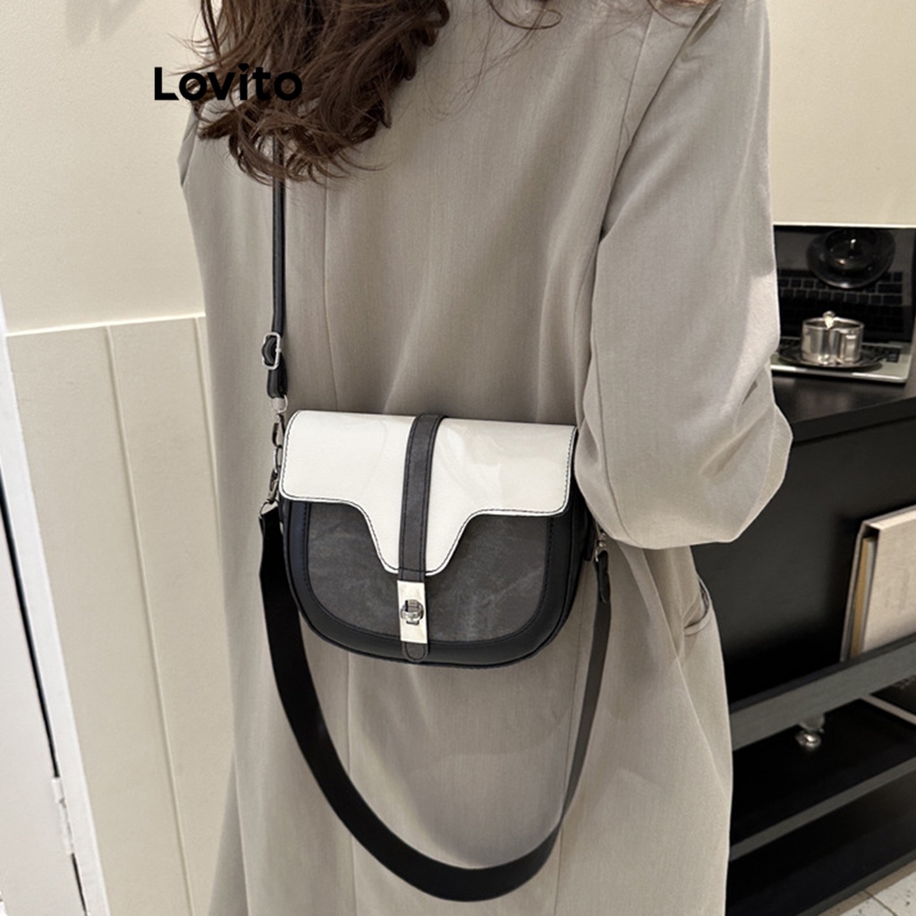 Lovito 休閒拼布基本款女款小號肩背包 LFA03015 (灰色/黑色)
