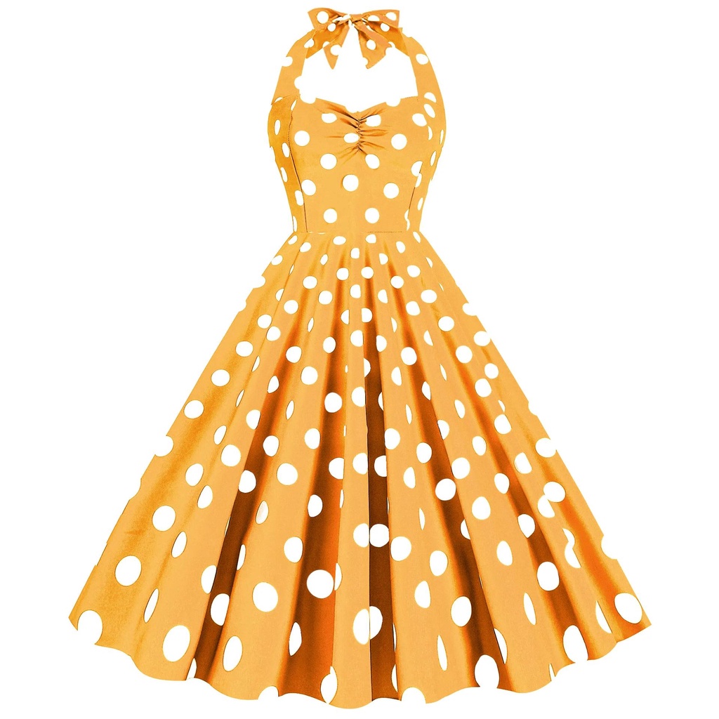 性感復古黃色波點掛脖連衣裙奧黛麗赫本 50 年代 60 年代復古連衣裙哥特式別針搖滾連衣裙女裝