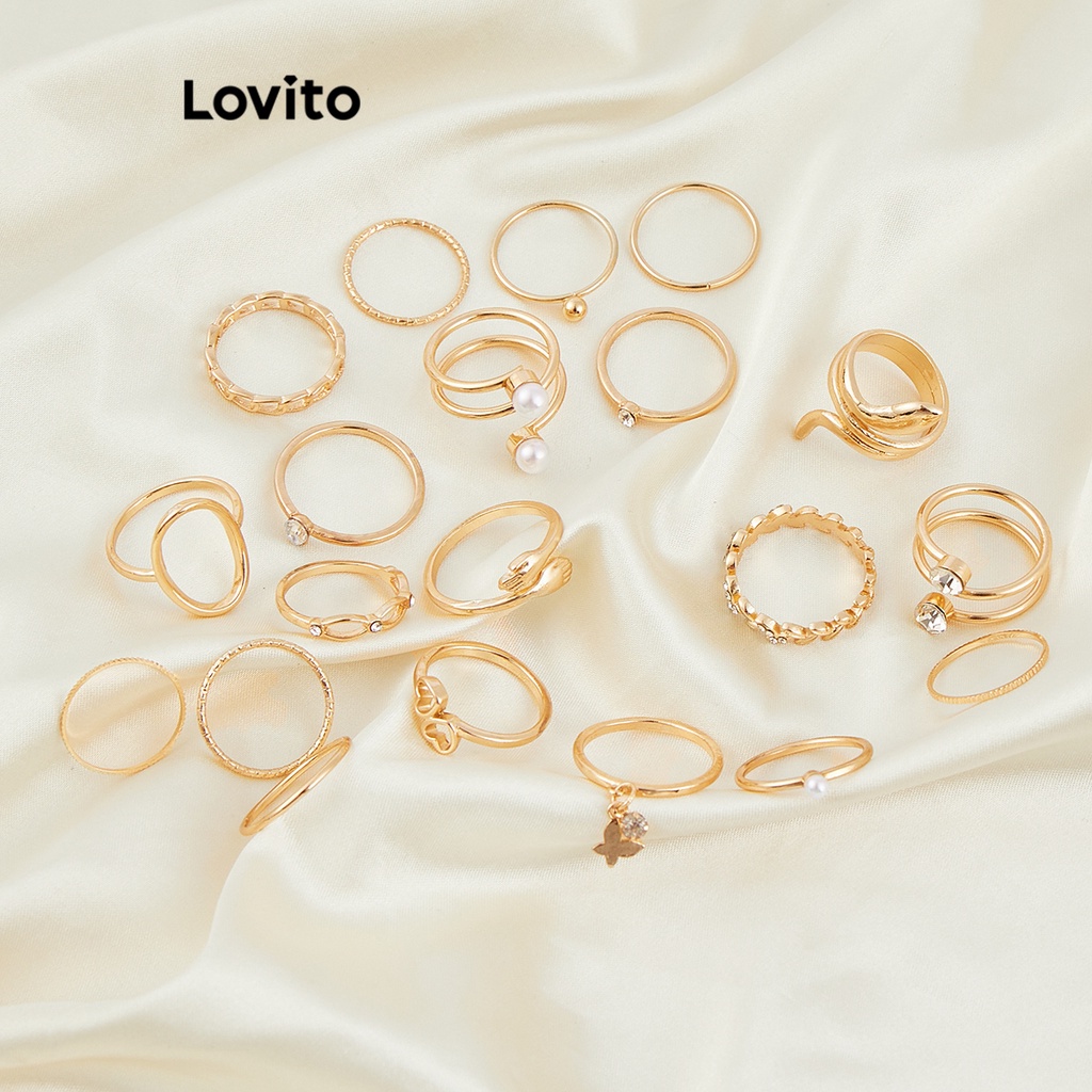 Lovito 休閒素色金屬圖案 20 件戒指套裝蝴蝶麥心女式戒指 LCS01015 (金色)