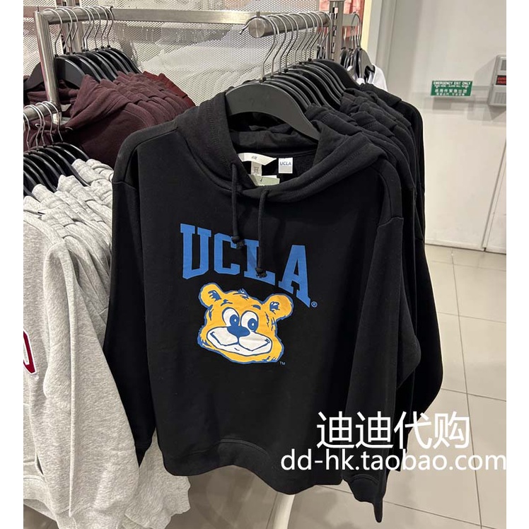 現貨 UCLA小熊印花黑色連帽大學T潮流百搭男女同款長袖