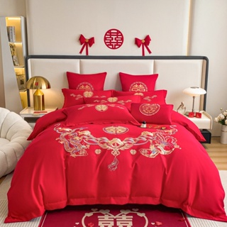 龍鳳刺繡 紅色結婚床單 婚房用床包組 中式婚禮用床單 床罩 喜慶床組 雙人 加大床包四件組