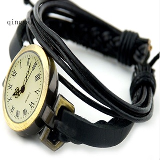 Qa_ 復古女士多層編織皮革手鍊錶帶石英腕錶