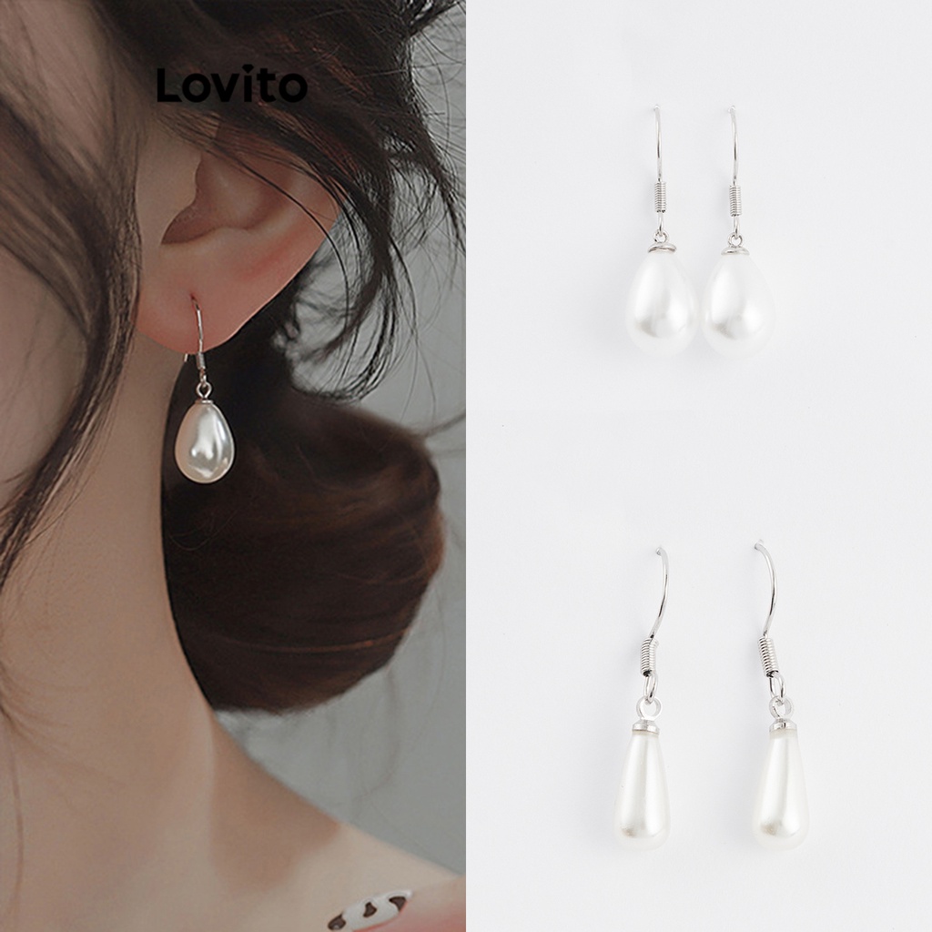 Lovito 女士優雅素色珍珠耳環 L72AD122
