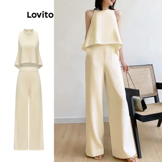 Lovito 優雅素色不對稱高低水滴女式基本褲套裝 L65ED098 (上衣/褲子)