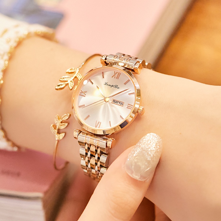 LONGBO新品女士腕錶  時尚韓版石英休閒簡約雙歷三針實心鋼帶女士手錶  83366
