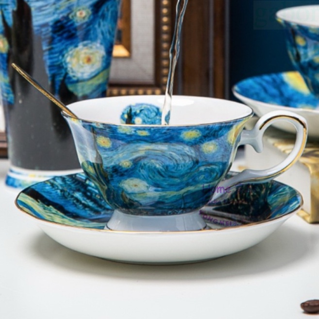 [HOME] 花茶杯 梵谷油畫 星夜咖啡對杯 兩杯兩碟組 骨瓷杯 歐式古典對杯 送禮收藏 咖啡杯
