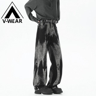 【V-WEAR】牛仔褲 臺灣出貨 大尺碼M-5XL 闊腿褲 拖地長褲 復古牛仔褲 墨染牛仔褲 丹寧褲 做舊褲 寬鬆直筒褲