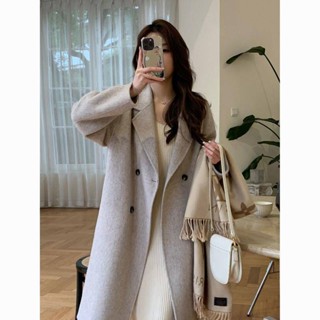 🌟Lovely愛出貨🌟燕麥色雙面羊絨大衣女中長版2023春秋韓版寬鬆毛呢外套女