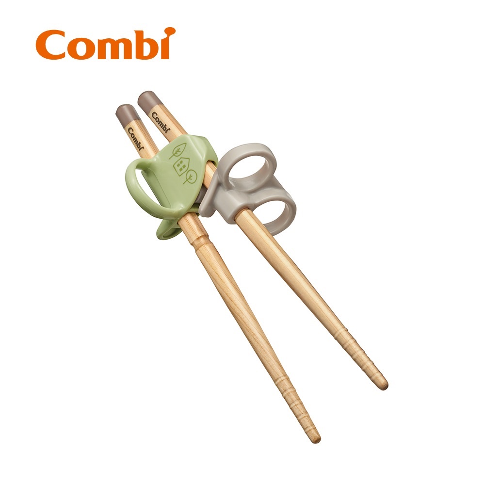 【Combi】 木製三階段彈力學習筷（左手） 木屋綠