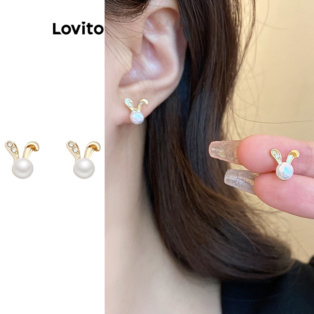 Lovito 女士優雅素色珍珠金屬耳環 LFA08002 (金色)
