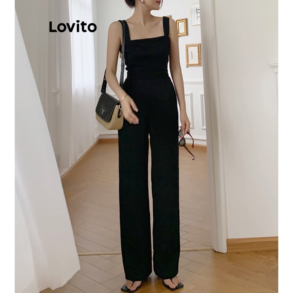 Lovito 女士休閒素色基本款連身褲 LNE39485 (黑色)