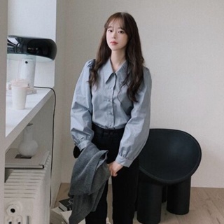 【Linki】 韓版襯衫氣質長袖素色翻領辦公室通勤上衣女生衣著