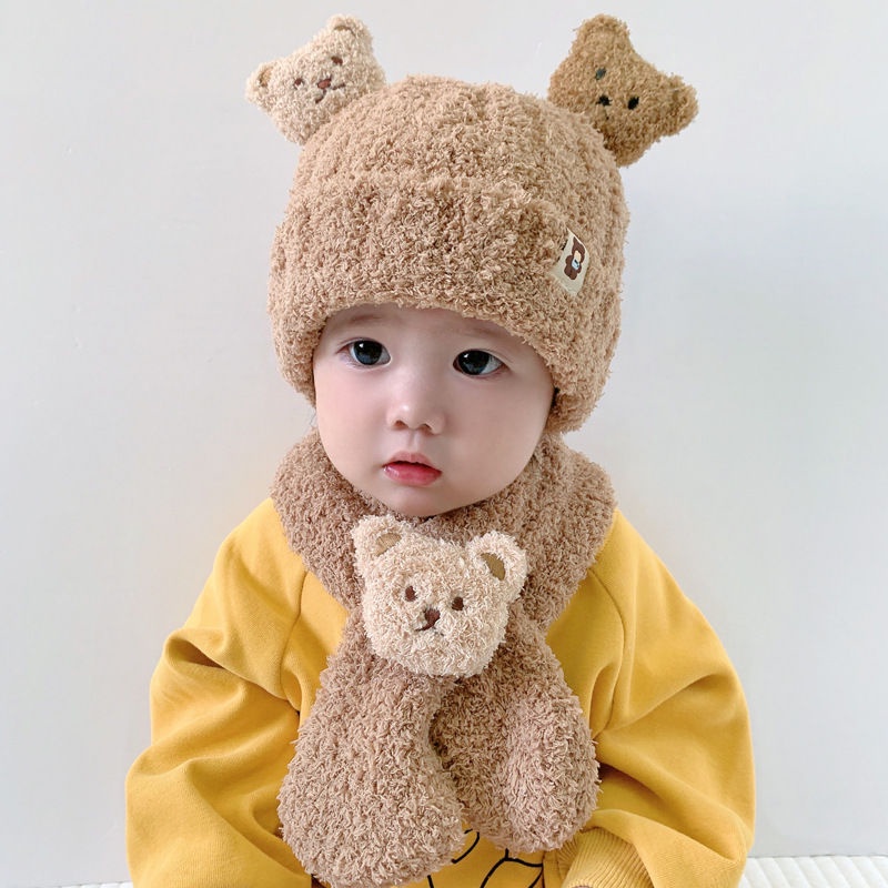 寶寶帽子兒童帽子2023新款冬季嬰兒帽可愛超萌護耳圍巾套裝毛絨