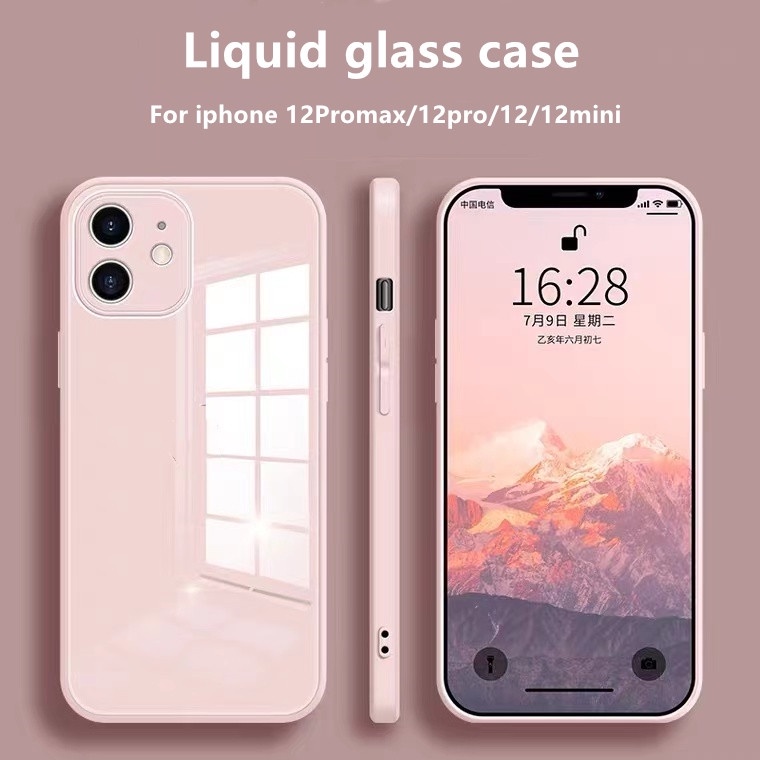 直角液態矽膠保護殼適用於 IPhone 12 Mini Apple 13 迷你玻璃防摔保護殼帶 Apple 標誌