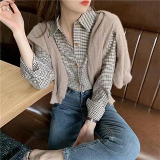 【HOT 本舖】 格子襯衫女 復古港味外穿百搭上衣 秋季寬鬆設計感小眾長袖襯衣外套 休閒上衣