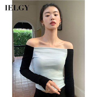 Ielgy小眾設計修身露肩短款撞色拼接一字肩上衣女